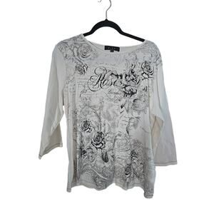 BLEU White Floral Rhinestone Whimsygoth Grunge 3/4 Sleeve Top Womans‎ Plus Sz 1X